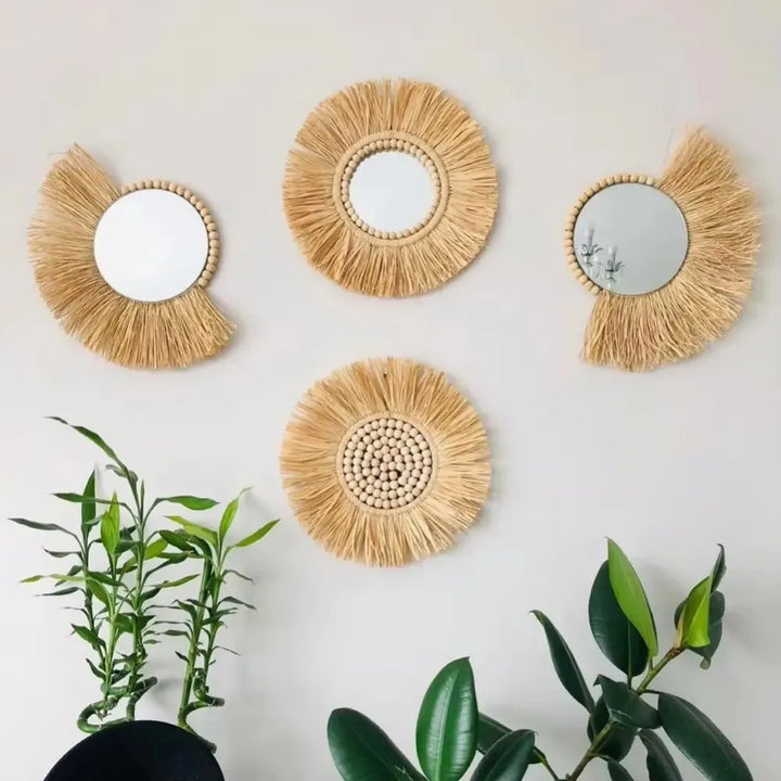 Hanging Raffia Bead Wall Mirror – Decorative Home Decor