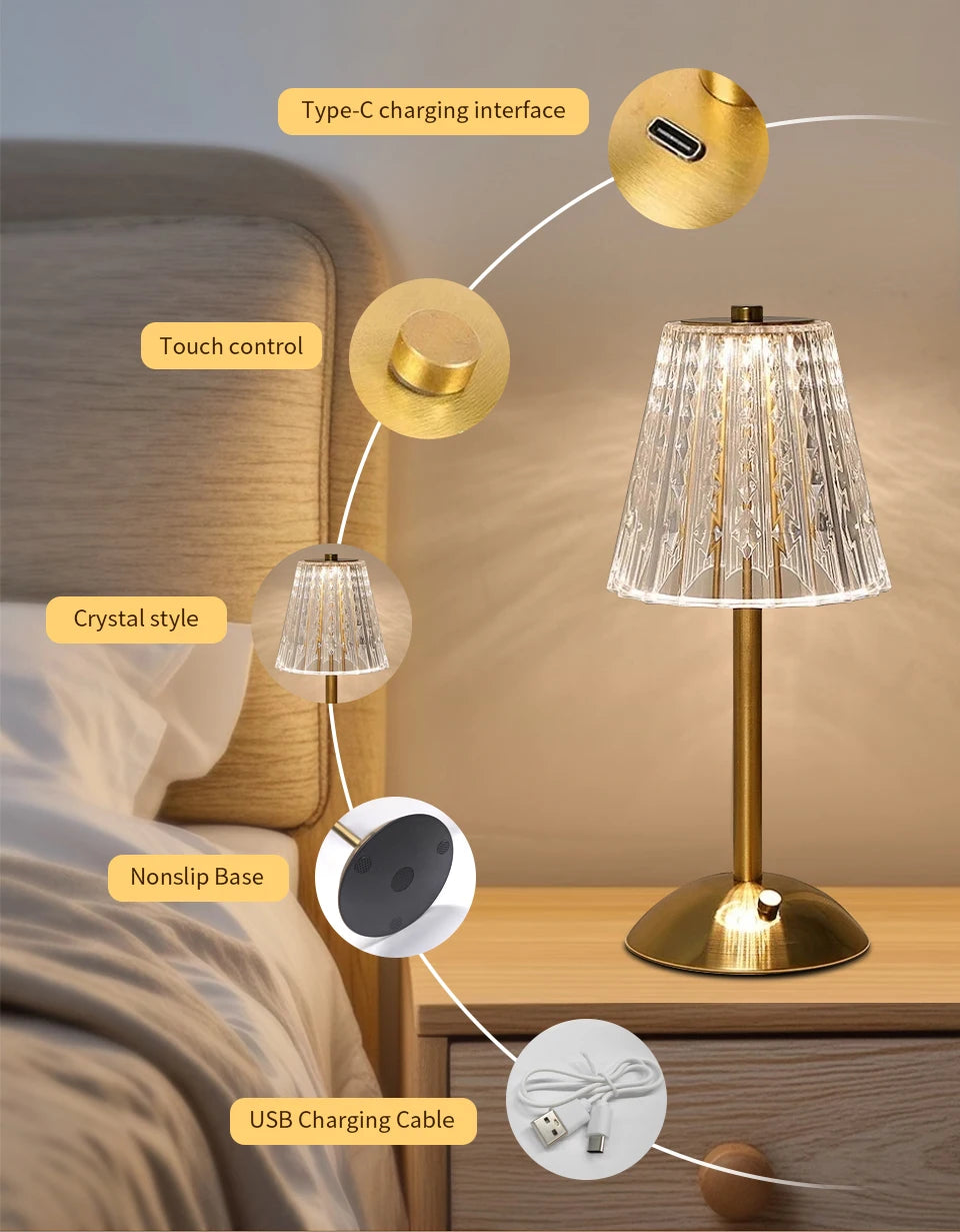 LED Table Lamp Touch Sensor Dimmable Desktop Night Light Rechargeable Wireless Reading Lamp for Hotel Bar Bedroom Decor Light