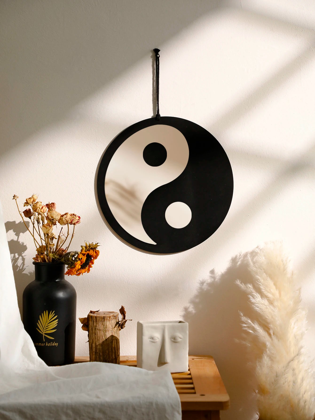 Boho Wooden Yin Yang Wall Mirror – Home Decor
