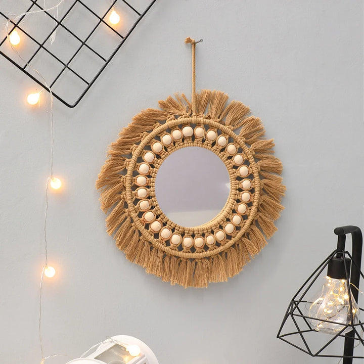 Handwoven Round Wall Mirror – Home Decor