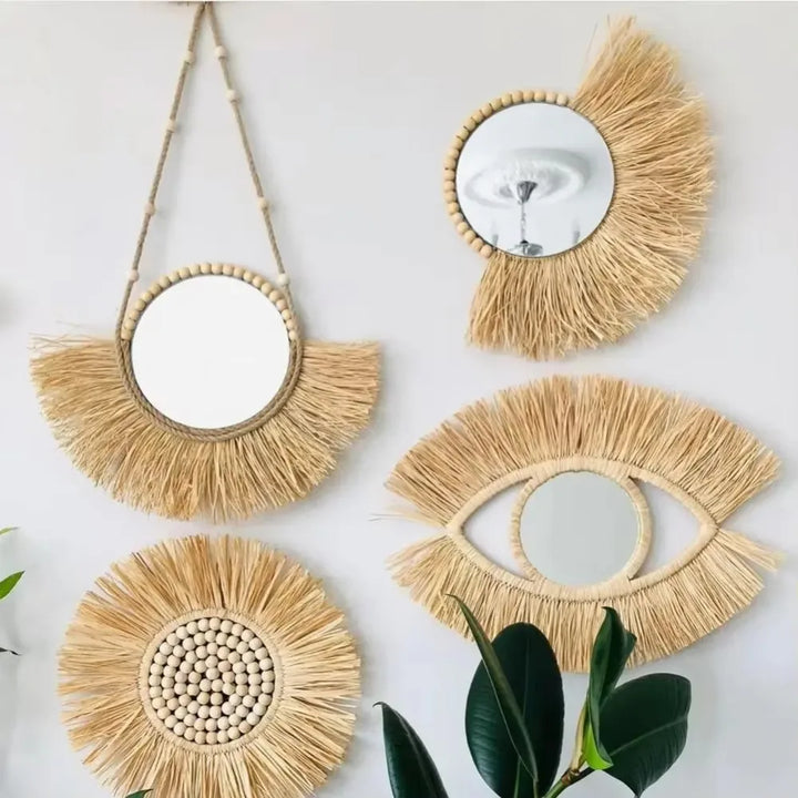 Hanging Raffia Bead Wall Mirror – Decorative Home Decor